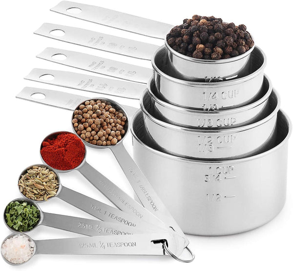 Stainless Steel Measuring Cups and Measuring Spoons 10-Piece Set, 5 Cups and 5 Spoons