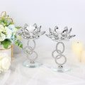 Ownmy Set of 2 Crystal Lotus Flower Candlestick Holders Metal Glass Lotus Pillar Candle Holders, Silver Crystal Lotus Votive Candlesticks Tealight