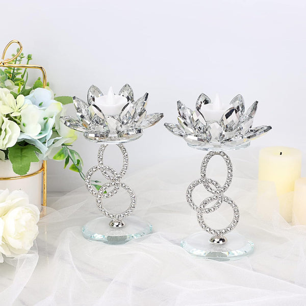 Ownmy Set of 2 Crystal Lotus Flower Candlestick Holders Metal Glass Lotus Pillar Candle Holders, Silver Crystal Lotus Votive Candlesticks Tealight