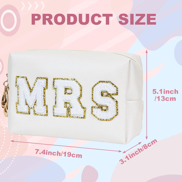 Bride Gifts MRS Patch Travel Makeup Bag Varsity Letter Cosmetic Toiletry Bag Letter Patches White Makeup PU Bag Bride Clutch Purse Waterproof