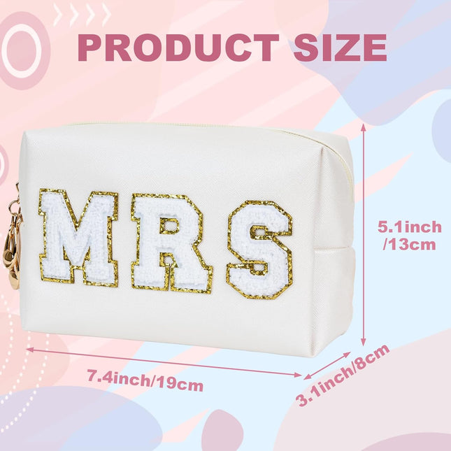 Bride Gifts MRS Patch Travel Makeup Bag Varsity Letter Cosmetic Toiletry Bag Letter Patches White Makeup PU Bag Bride Cl