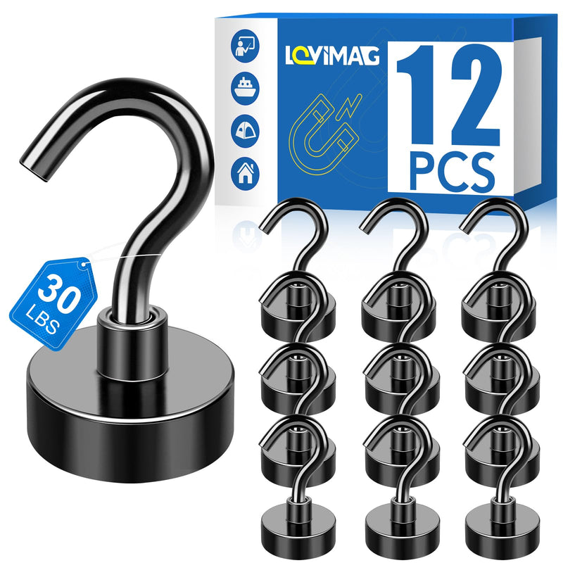 LOVIMAG Black Magnetic Hooks, 30Lbs Strong Magnetic Hooks Heavy Duty with Epoxy Coating for Refrigerator, Magnetic Cruise Hooks for Hanging,