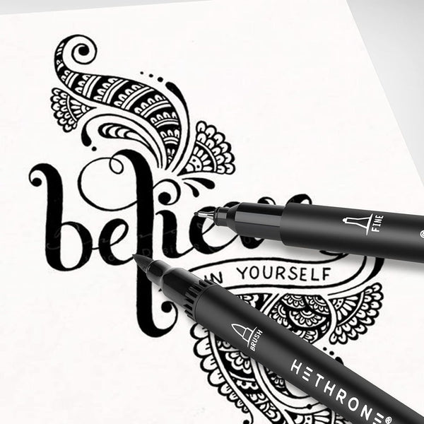 Hethrone Black Markers for Drawing - Brush Pens with Felt Tips for Artists - Calligraphy Pens, 12 Pack