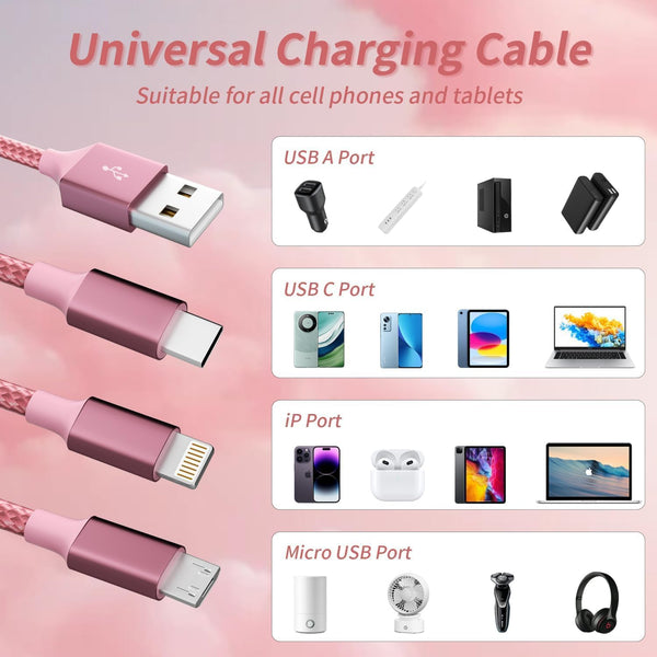 IDISON Multi Charging Cable(2Pack 4FT), 3 in 1 Charging Cable Nylon Braided USB Multi Charger Cable Universal USB Cable with Type C/Micro/Ip Port