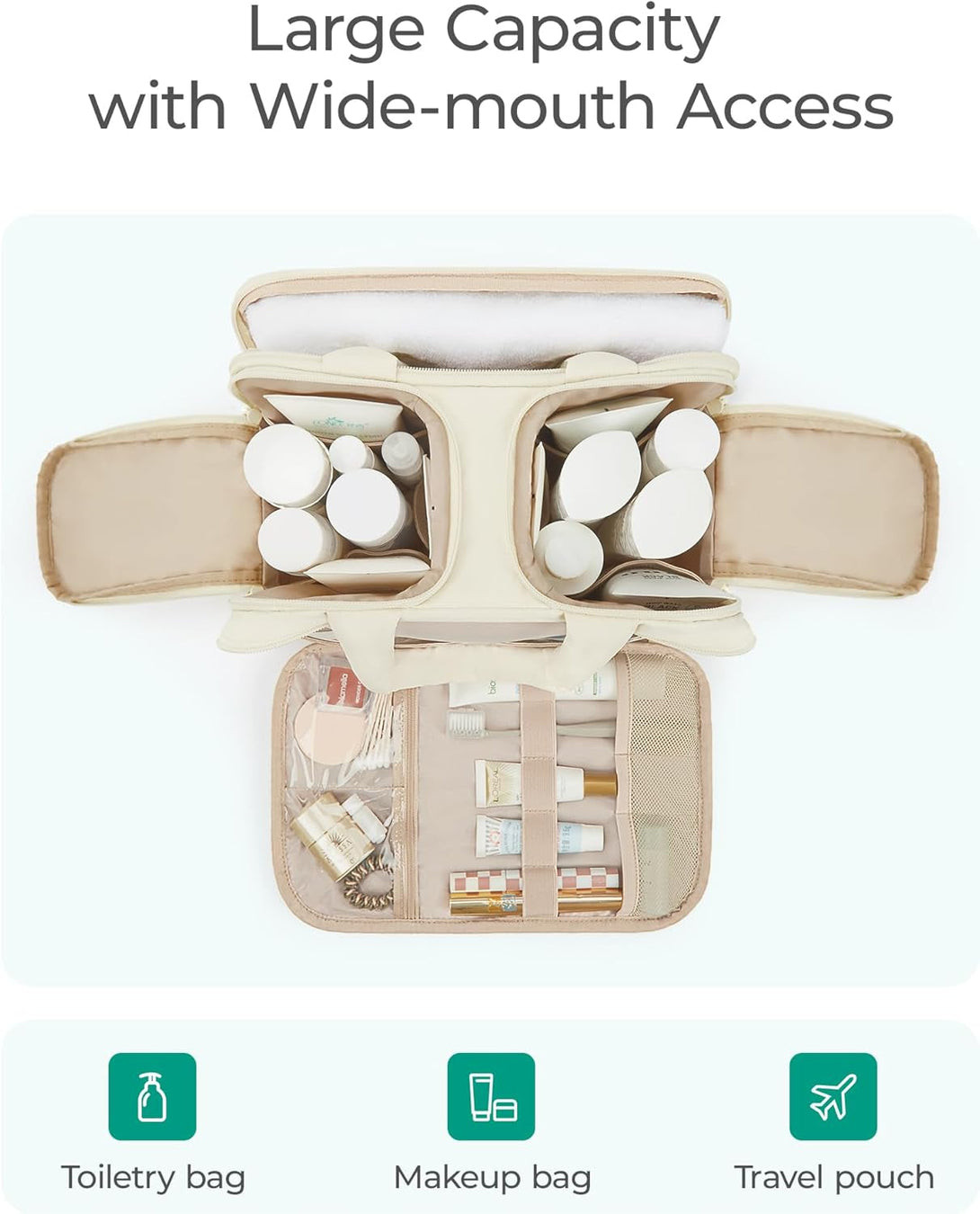 BAGSMART Travel Toiletry Bag, Puffy Large Toiletry Bag for Women, Lightweight Cosmetic Makeup Bag Organizer with Handle for Traveling, Accessories, Essentials, Toiletries （Beige