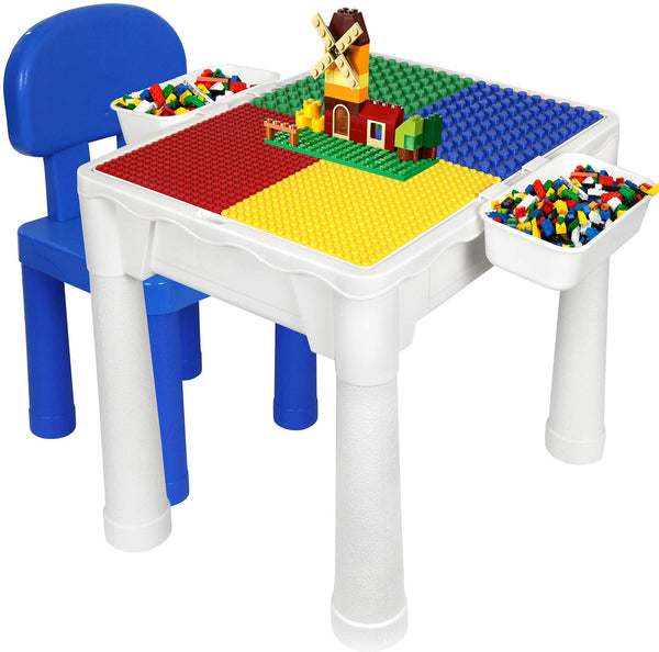 Building Blocks Table for Kids 7 in 1 Activity Table Set for Toddler, with Chair & 2 Hanging Storage Boxes, Compatible with Building Bricks