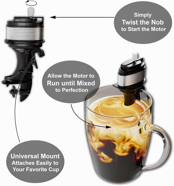 The Motor Mixer by HMC - Novelty Boat Motor Coffee Mixer Wind-Up Outboard Mini Boat Motor Stirrer Toy Beverage Works with Cups, Mugs, & Glasses -