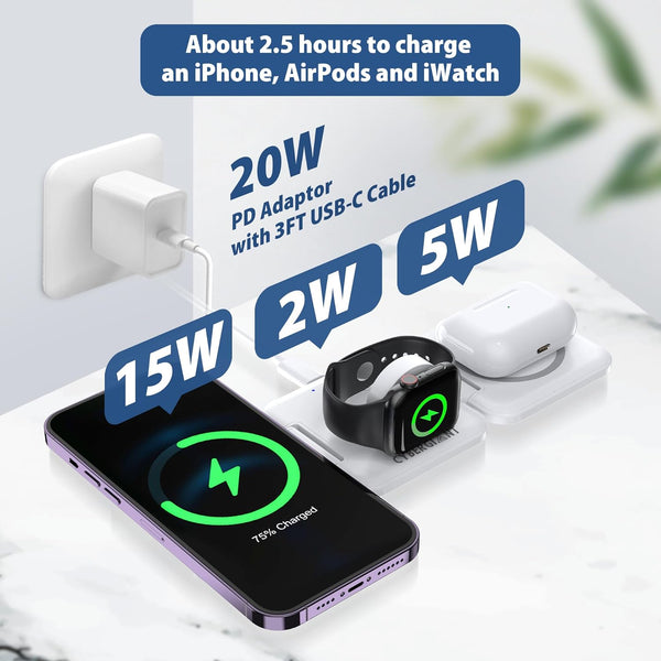 3 in 1 Apple Charging Station for Iphone Airpods Iwatch - Travel Charger for Multiple Devices, Portable Foldable Charging Station - Magnetic