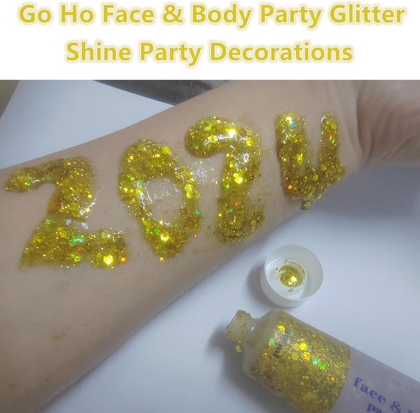 Go Ho Gold Face Body Glitter,Mardi Gras Glitter Makeup Gold Face Paint,Holographic Chunky Sequins Glitters for Eye Lip Hair Nails,Festival Rave