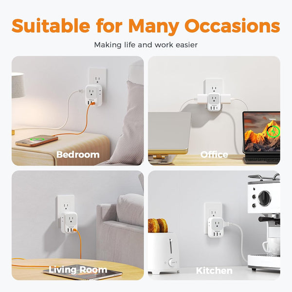 USB Wall Charger, Wall Plug Adapter Outlet Extender, TESSAN 3 Charger Block (1 USB C Port), Multi Charging Station for Cruise, Bathroom, Office,