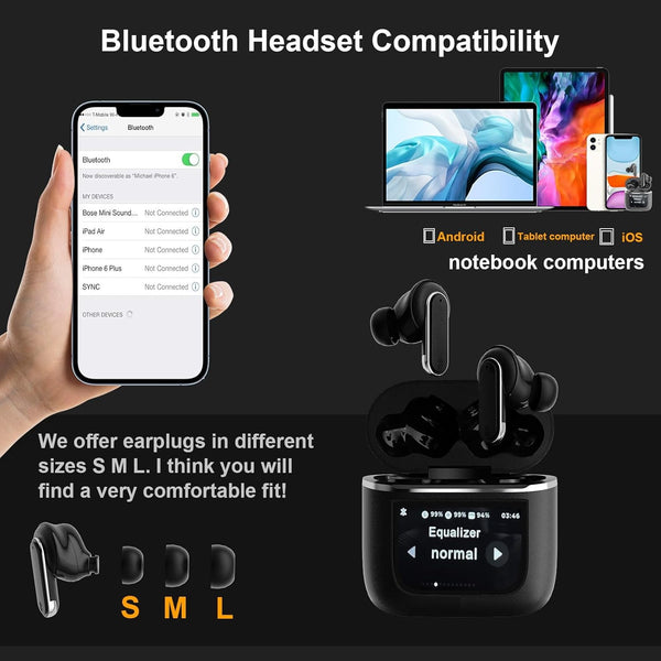 Smart Touchscreen Wireless Bluetooth 5.3 Headset, Super Smart Noise Canceling Earbuds, In-Ear Earbuds with Ear Caps, IPX56 Water Resistant, for