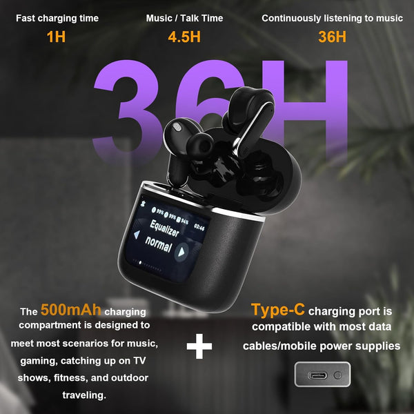 Smart Touchscreen Wireless Bluetooth 5.3 Headset, Super Smart Noise Canceling Earbuds, In-Ear Earbuds with Ear Caps, IPX56 Water Resistant, for