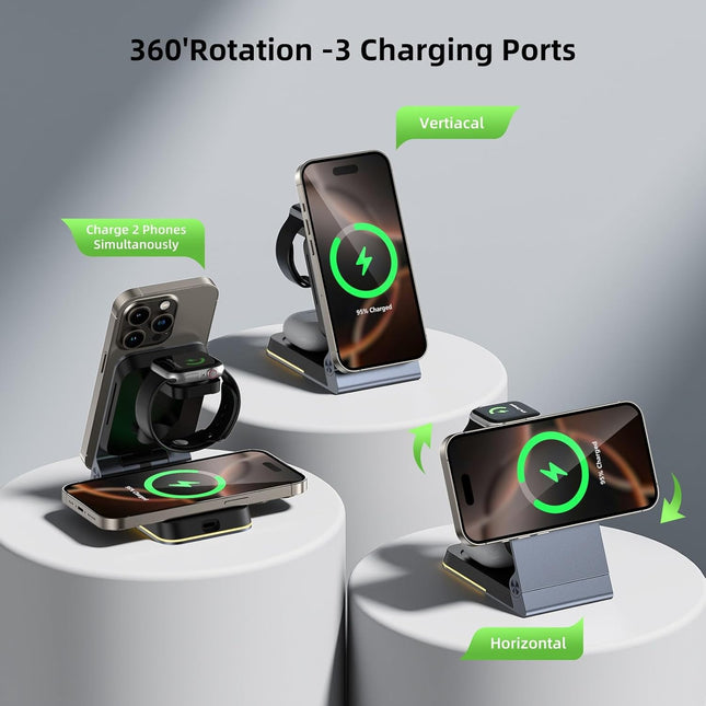 Aluminum 3 in 1 Wireless Charging Station,Foldable Wireless Charger for Apple Magsafe with Light,Portable Travel Magneti