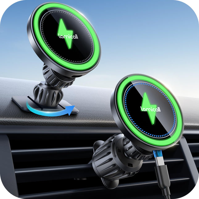 Lamicall 15W for Magsafe Car Mount Charger - [3-In-1 Upgraded Intelligent Chip] 360Â° Wireless Car Phone Holder Charger 