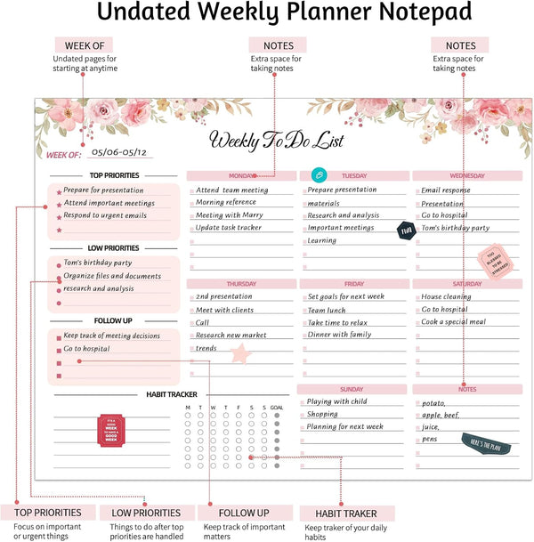 Weekly to Do List Notepad, 8.5''X11'' Weekly Desk Planner with 52 Tear off Sheets Undated Weekly Planner Habit Tracker & Productivity Organizer