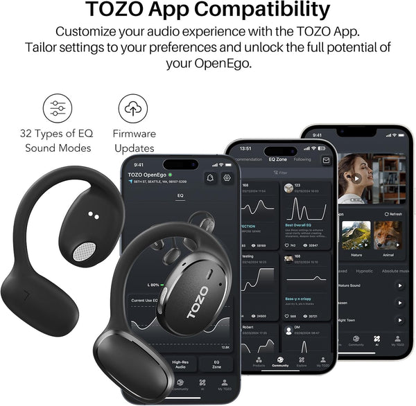 TOZO Openego True Wireless Open Ear Headphone, 5.3 Bluetooth Sport Earbuds with Earhooks for 80H Playback with Digital Display, 32 EQ Modes Dual