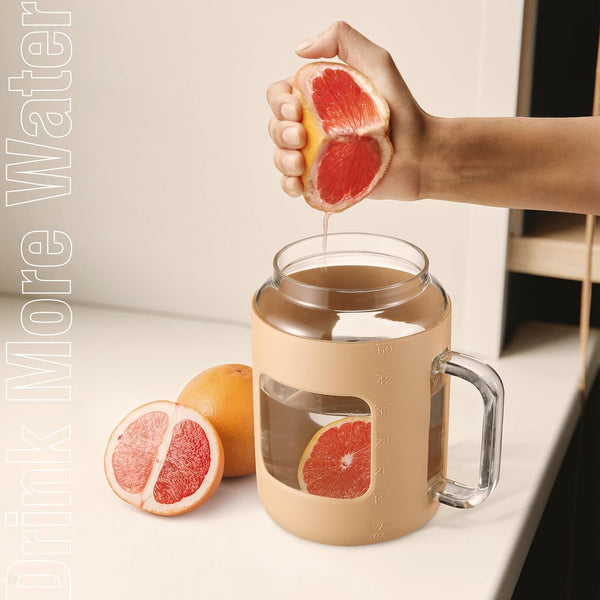 32 Oz Glass Tumbler with Lid and Straw,Glass Water Bottles with Handle,Glass Cup with Time Marker and Silicone Sleeve, Fits in Cup Holder BPA