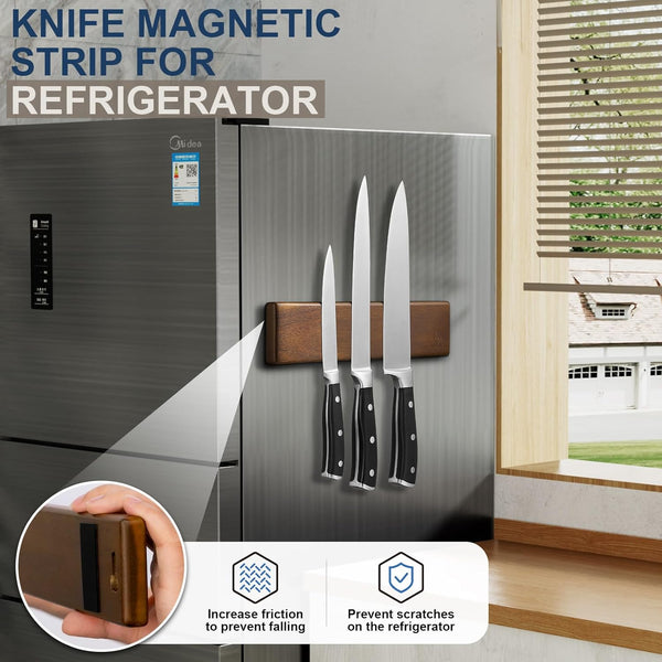 ENOKING Magnetic Knife Holder for Wall, 10 Inch Powerful Magnetic Knife Holder for Refrigerator, Knife Magnetic Strip No Drilling Acacia Wood Wall