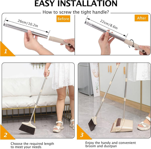 Broom and Dustpan Set with Long Handle, Light Weight Stainless Steel Poles Stand Upright Dustpans with Broom Combo for Home Kitchen Office Pet Dog