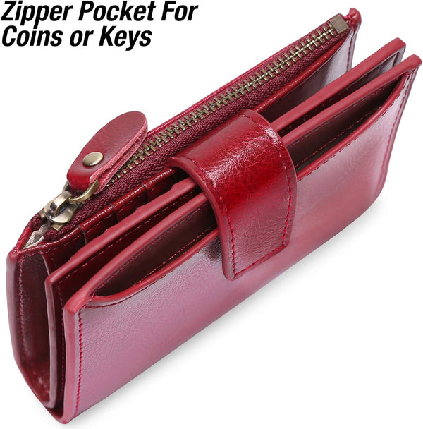 GOIACII RFID Women's Wallet Small Ladies Credit Card Holder Leather with Zipper Pocket 4 ID Windows Wine Wax Red A01 Wax Wine Red