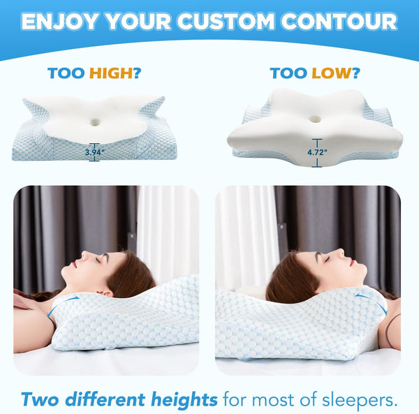 Cool Cervical Neck Pillow for Pain Relief, Ergonomic Contour Side Sleeper Pillow for Adults, Orthopedic Memory Foam Back Stomach Sleepers, 2 in 1