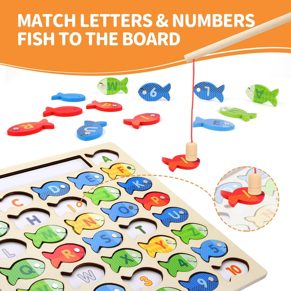 Wooden Magnetic Fishing Game for Toddlers, Montessori Fine Motor Skills Toy with Letters and Numbers, Preschool Learning ABC and Puzzle