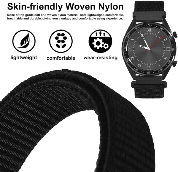 WOCCI 22Mm Adjustable Nylon Watch Band, Quick Release Sport Loop Strap (Black)
