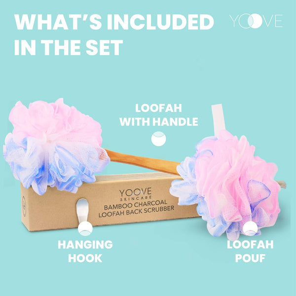 Yoove Loofah Back Scrubber W/Bamboo Charcoal Fiber Infused Bath Sponge, Wooden Handle, Luffa Pouf, Sponge Stick & Hanging Hook for Men & Women,