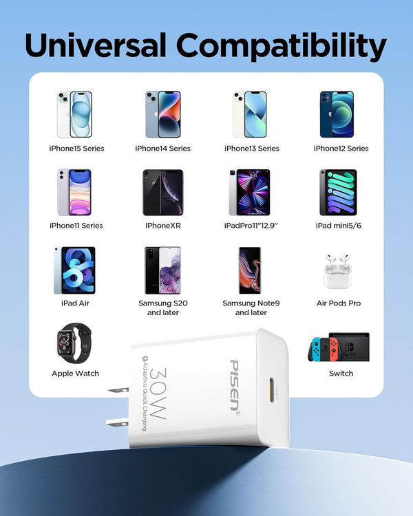 PISEN 30W USB C Charger - USB C Fast Charger Block, PD3.0 Wall Charger with 4FT Type C to L Cable, 30W Power Adapter for Iphone