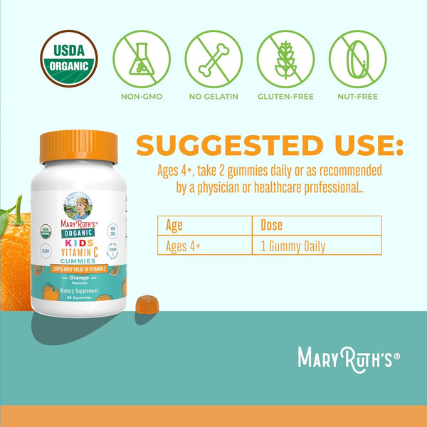 Maryruth Organics Kids Vitamin C Gummies | Supplement for Immune Support & Overall Health | Vitamin C for Kids Ages 4+ | USDA Organic | Vegan |