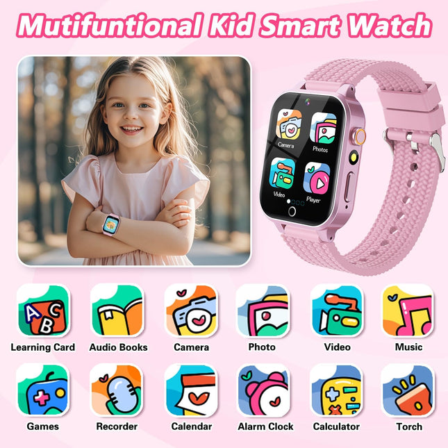 Smart Watch for Kids Girl Gift Ages 3-12, 2 Screen Protector, 26 Puzzle Games, HD Camera Video Music Player Touchscreen 