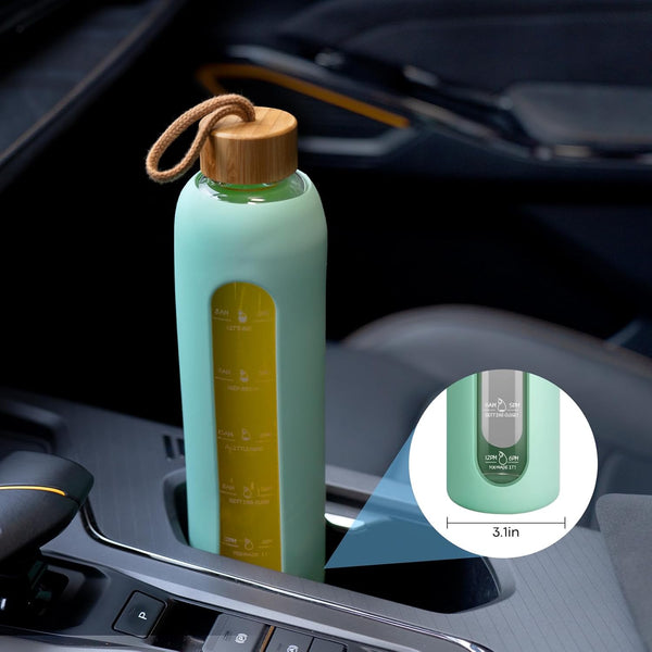 Sursip 32 Oz Glass Water Bottle with Time Marker,1 Liter Bpa-Free Reusable Motivational Water Bottle with Non-Slip Silicone Sleeve and Bamboo Lid,
