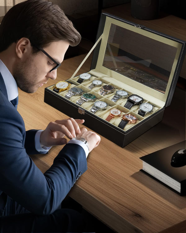 Ohuhu Watch Case, 12 Slot PU Leather Real Glass Lid, Watch Box Watch Holder Organizer Display Storage Box Soft Velvet Jewelry Box for Men and