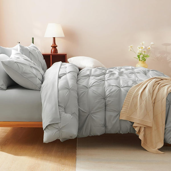 Cozylux King Size Comforter Set Light Grey, 7 Pieces Pintuck Bed in a Bag Gray Comforter King Size, Pinch Pleat Bedding Set with All Season