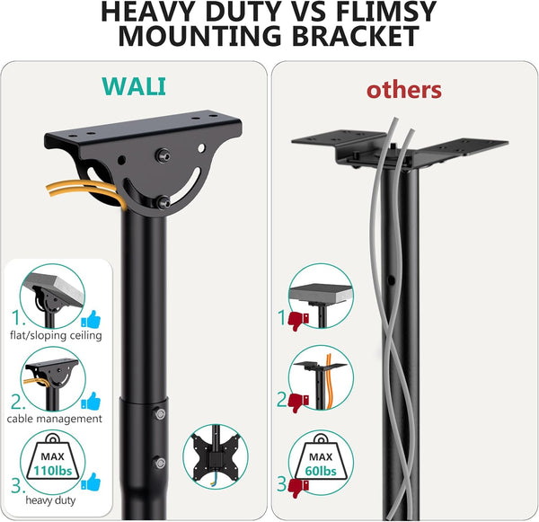 WALI TV Ceiling Mount Adjustable Bracket Fits Most LED, LCD, OLED and Plasma Flat Screen Display 26 to 65 Inch, up to 110 Lbs, Mounting Holes