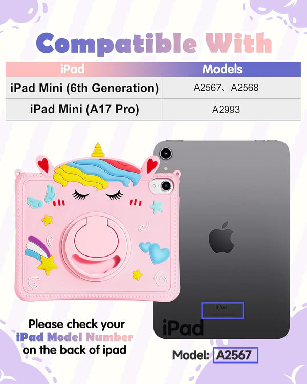 For Ipad Mini A17 Pro/6 Generation Case - 8.3 Inch Mini 7Th/6Th 2021 Gen Case with Pen Holder Cute Cartoon Unicorn Silicone Tablet Cover with