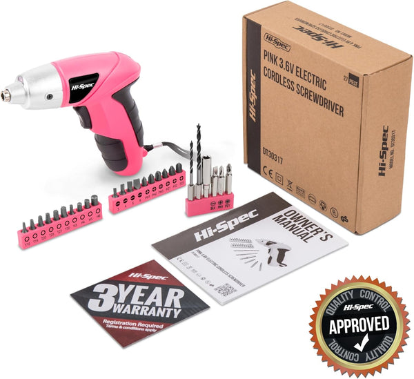 Hi-Spec Small Electric Screwdriver, Mini Drill Set, Rechargeable 3.6V Cordless Screwdriver with 26 Driver Bits, Power Tool for Small Projects &