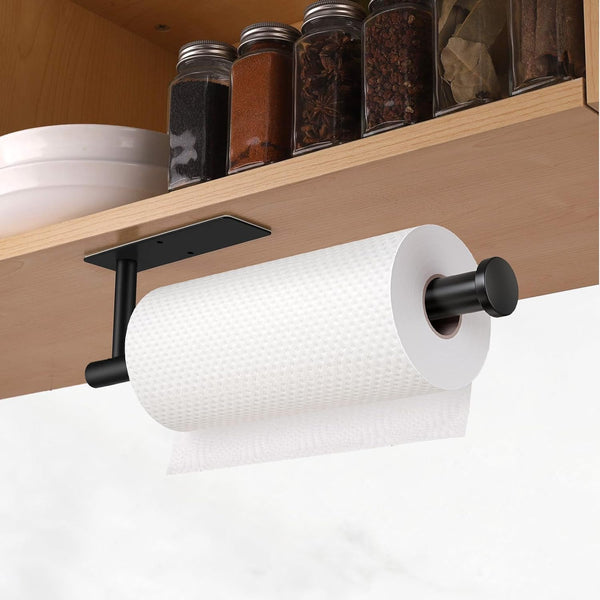 Paper Towel Holder under Cabinet Wall Mount,Self Adhesive and Drilling Paper Towel Holders,Sus304 Stainless Steel Paper Towel Roll Rack,Black