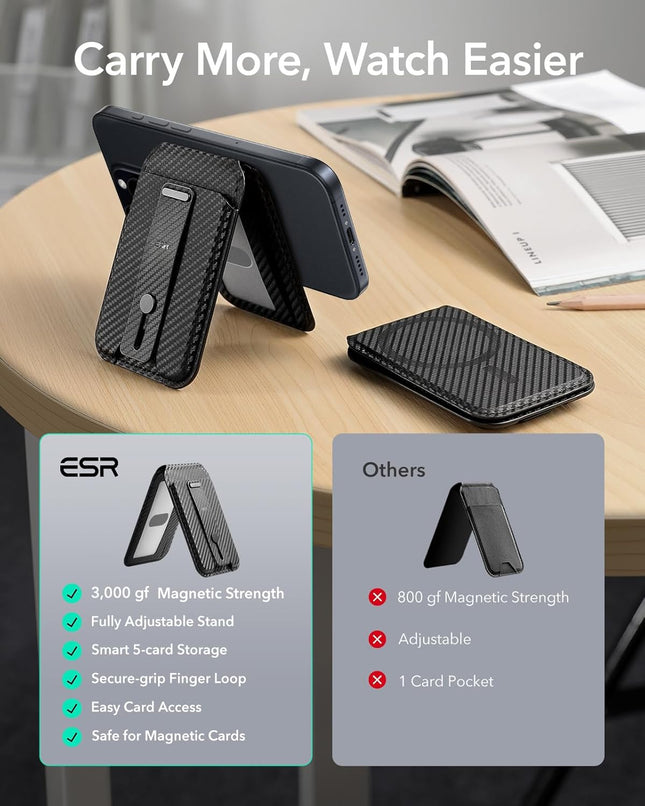ESR Upgraded for Magsafe Wallet, 5 Card Holder with Adjustable Stand, Secure Grip Finger Loop, Magnetic Wallet for Iphon