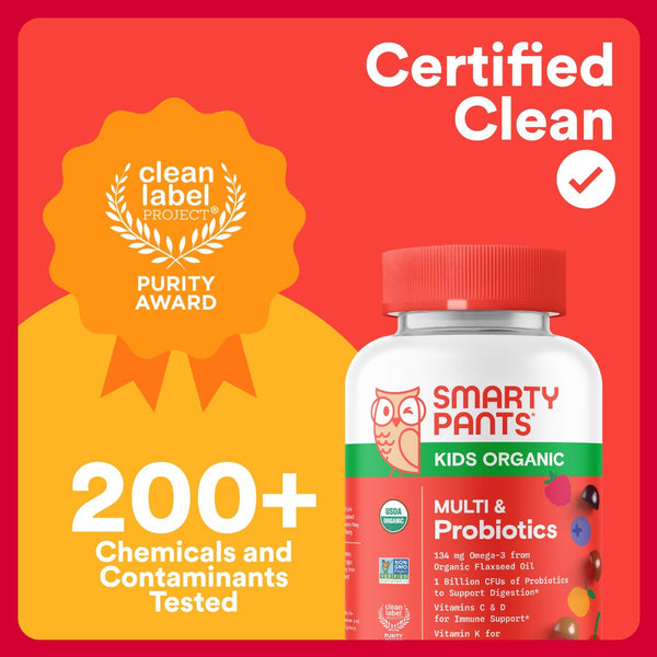 Smartypants Organic Kids Multivitamin Gummies: Probiotics, Omega 3 (ALA), Vitamin D3, C, Vitamin B12, B6, A, K & Zinc for Immune Support, Biotin,