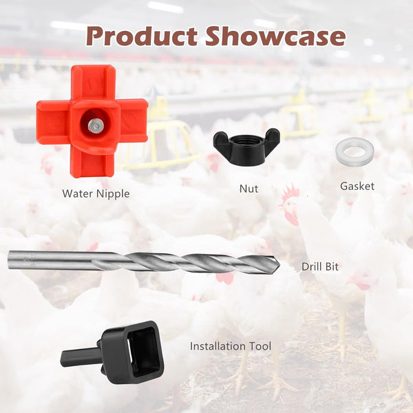 Chicken Water Nipples, 15 Pcs Horizontal Poultry Automatic Waterer Nipples for Bucket with 15 Pcs Ring Gaskets, 15 Pcs Wing Nuts, 9mm Drill Bit