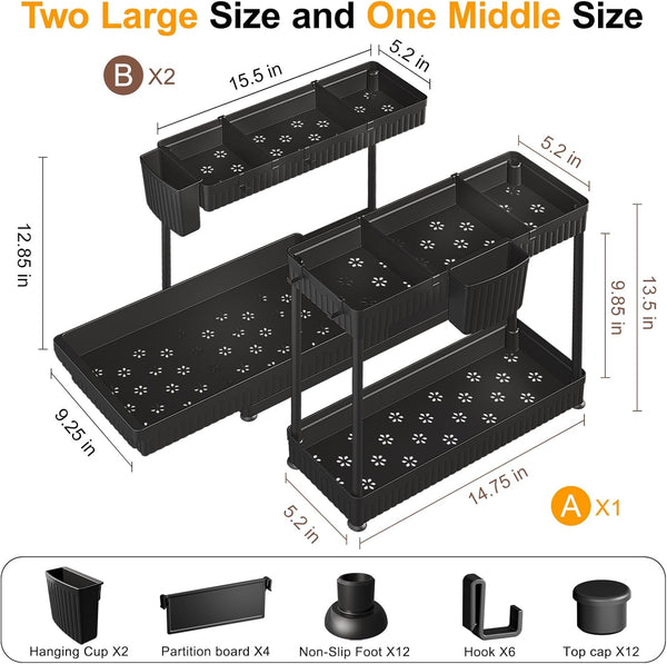 3 Pack Multi-Purpose Under Sink Organizers and Storage, 2026 L-Shaped Pull Out Cabinet Organizer for Bathroom & Kitchen, Under Cabinet Organizer