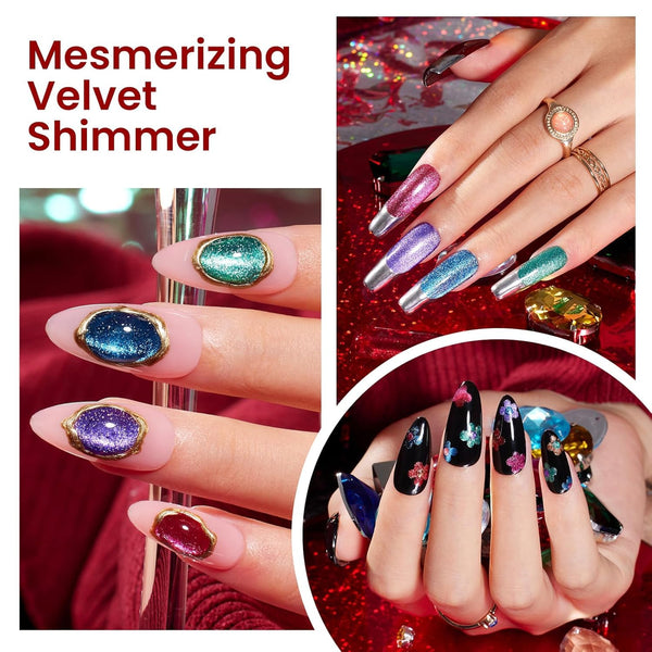 Beetles Cat Eye Gel Nail Polish Set, 6 Colors Glitter Gel Polish Kit Red Pink Shiny Brown Burgundy Purple Blue Green Magnetic Effect Sparkle