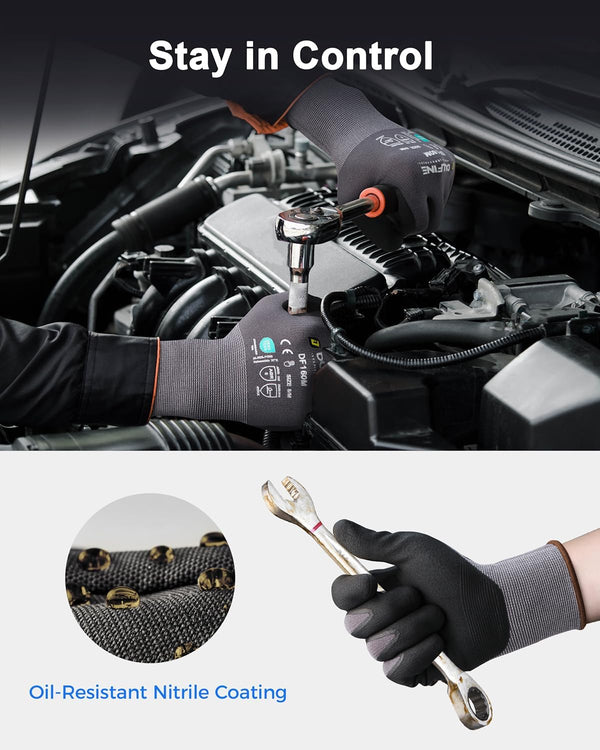 DULFINE Safety Work Gloves Microfoam Nitrile Coated-6 Pairs Pack,Seamless Knit Nylon Glove with Black Micro-Foam Nitrile Grip,Ideal for General