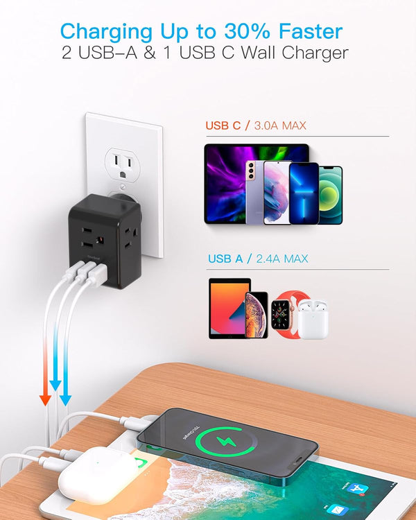 Multi Plug Outlet Extender, Power Strip Non Surge Protector Electric Outlet Splitter with 3 USB Wall Charger (1 USB C), Multiple Outlet Expander