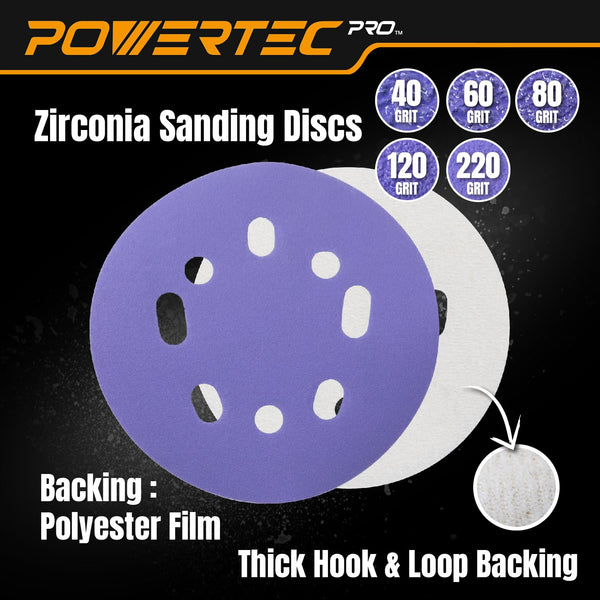 POWERTEC PRO 50PK, 5 Inch Sanding Discs Hook and Loop, 40/60/80/120/220 Grit, Zirconia Orbital Sander Sandpaper for 5 & 8 Hole Random Orbital