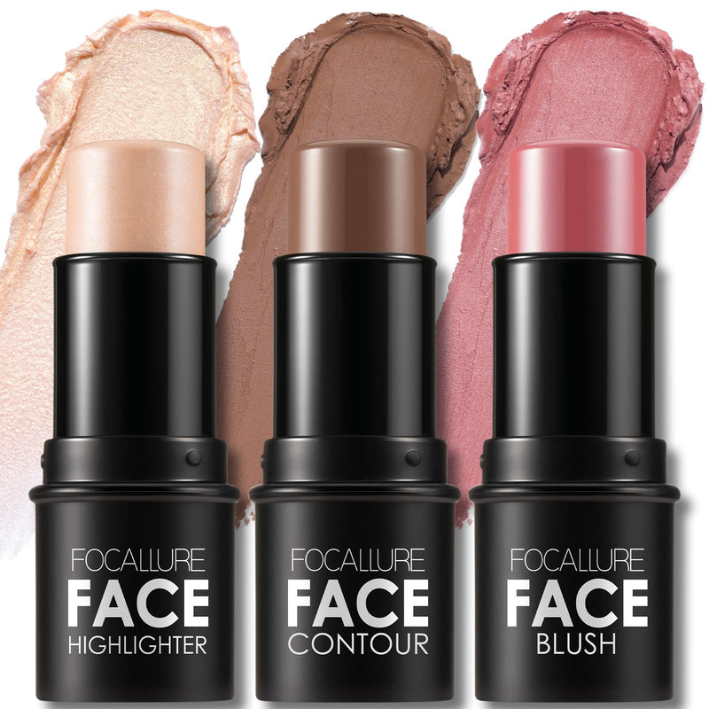 FOCALLURE 3 Pcs Cream Contour Sticks,Shades with Highlighter & Bronzer & Blush,Non-Greasy Long-Wear Face Contouring Pen,Easy to Sculpt the Face
