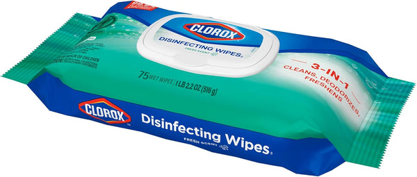 Clorox Disinfecting Wipes, Bleach Free, Household Essentials, Fresh Scent, Moisture Seal Lid, 75 Cleaning Wipes, Pack of 3 (New Packaging)