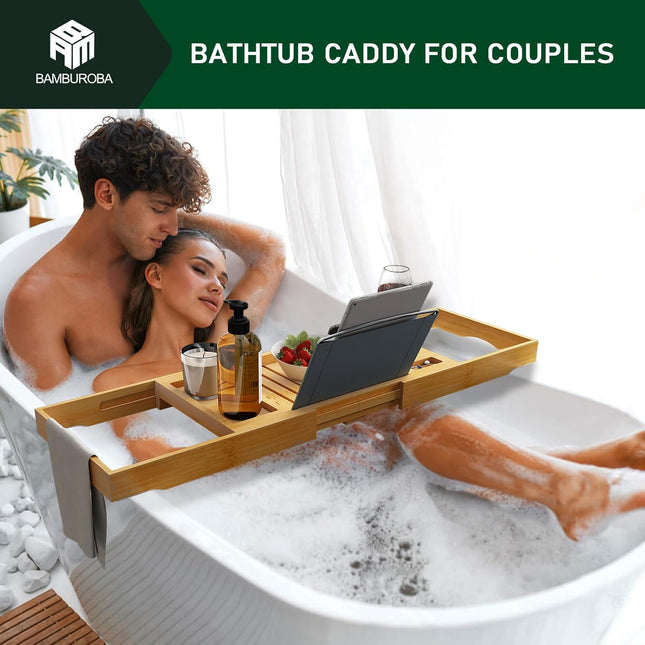 Foldable Bamboo Bathtub Caddy Tray Expandable for Luxury Bath, Bath Accessories & Table with Wine Glass Holder, Book Sta