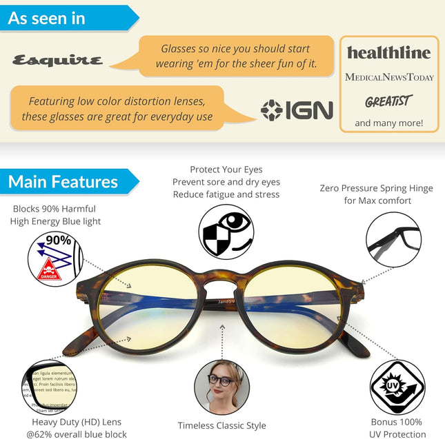 J+S Vision Blue Light Blocking Glasses | Computer Gaming/Working Glasses for Women Men | anti Eyestrain Fatigue UV Glare